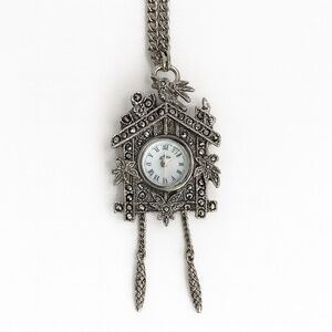 1990s XANADU Cuckoo Clock‎ Marcasite Silver Tone Quartz Watch Necklace Brooch